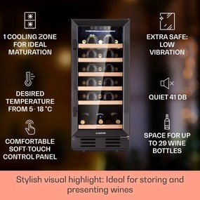 Klarstein Vinovilla 29 Built-In, охладител за вино за вграждане, 81 литра / 29 бутилки, стъклена врата, неръждаема стомана