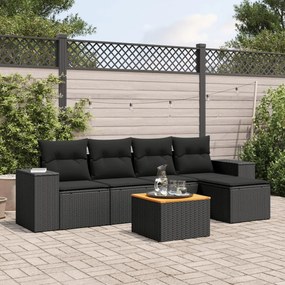3225418 vidaXL Градински диван с възглавници, 6 части, черен, полиратан