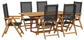 3281730 vidaXL Градински трапезен комплект, 7 части, черен, полиратан и масив