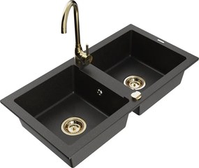 Mexen Mario двукоморна гранитна мивка с кухненски смесител Telma, черен/златен - 6504-75-670200-50