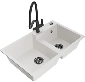 Mexen Tomas кухненска мивка от гранит с 2 отделения и смесител Duo, бял - 6516-20-671701-70-B