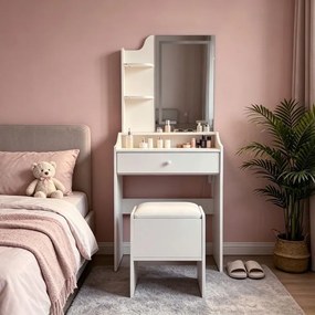 Тоалетка с LED огледало – табуретка, чекмедже, 2 рафта