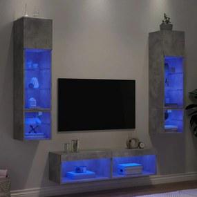 3216625 vidaXL ТВ стенни модули с LED, 6 части, бетонно сиви, инженерно дърво