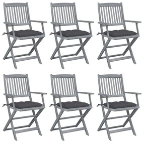 3065422 vidaXL Сгъваеми градински столове, 6 бр, с възглавници, акация масив