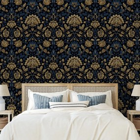 Самозалепващ тапет – Златни цветя на тъмен фон