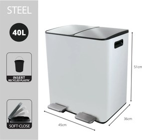 Стоманено кошче за боклук 2x20 l за рециклиране с педал в матово бял цвят Aliya – Spirella
