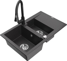 Mexen Gaspar гранитна мивка с 1,5 камери с оцедник и кухненски смесител Elia, черен напраштен - 6507-76-670101-70