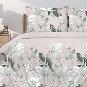 Премиум памучно спално бельо - бежово със зелени цветя Ширина: 140 см | Дължина: 200 см