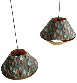 Висяща лампа черна с двоен кадифен абажур с дизайн на листа и бежово 2 светлини - Cava Luxe