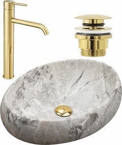 Комплект Умивалник за плот Linda stone + Смесител за баня Lungo gold + Изпускателен клапан gold