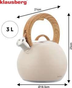 Свирещ чайник Klausberg KB 7956, 3l, Термоизолирана дръжка, Многослойно дъно, Индукция, Бежов