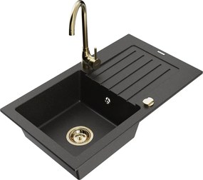 Mexen Pablo гранитна мивка с 1 отделение с отцедник и кухненски смесител Telma, черен/златен - 6510-75-670200-50