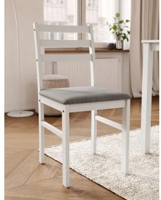 Комплект ТОРИНО маса + 4 стола Бяло/Светло сиво (тъкан Савана 21) - ДЪРВЕН КОМПЛЕКТ ЗА КУХНЯ/ТРАПЕЗАРИЯ