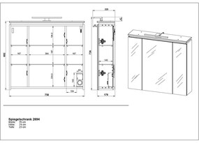 Антрацитен шкаф за баня с огледало и осветление 76x74 cm Modesto - Germania