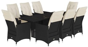 3276702 vidaXL Градински трапезен комплект възглавници 9 части черен полиратан