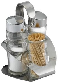 Хромиран комплект със съклени солнички 2-ка с поставка за клечки за зъби N-419 - Horecano