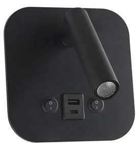 LED стенен спот с USB порт LED/8W/230V 3000K черен