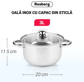 Тенджера Rosberg R51210O20, 3L, 20 см, Стъклен капак с отвор за пара, Инокс