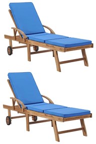 3054636 vidaXL Шезлонги с шалтета, 2 бр, тиково дърво масив, сини