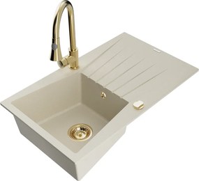 Mexen Cesar мивка от гранит с 1 корито с отцедник и кухненски смесител Elia, бежов - 6514-69-670101-50