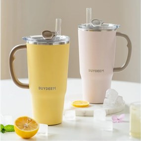 Термочаша с вградена сламка Buydeem DS57-MY, 700 мл, Топло&студено до 6 ч, Вакуумна изолация, Дръжка, Неръждаема стомана, BPA free, Жълт