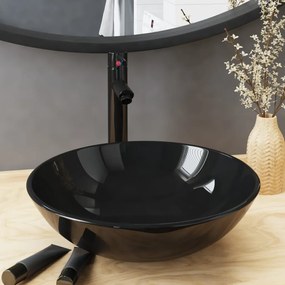 3098450 vidaXL Мивка за баня с кран и сифон, черно закалено стъкло