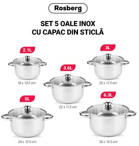 Комплект тенджери Rosberg R51210O10, 10 части, 2.1-6.3 l, Неръждаема стомана, Сребрист