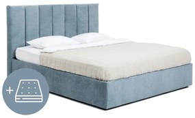 Синьо тапицирано двойно легло с място за съхранение и матрак с решетка 180x200 cm Thessa Bold Line - Bonami Selection