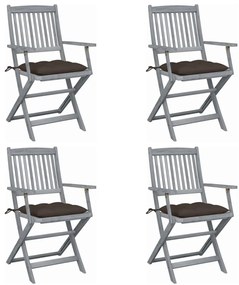 3064532 vidaXL Сгъваеми градински столове, 4 бр, с възглавници, акация масив