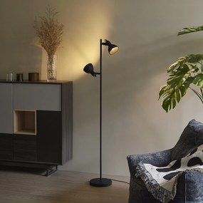 Индустриална подова лампа черна с дърво 2 светлини - Jakub