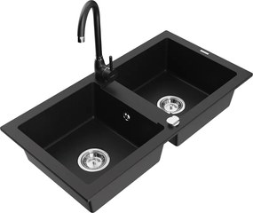 Mexen Mario гранитна кухненска мивка 2-коморова с кухненски смесител Telma, черен - 6504-77-670200-70