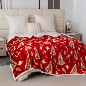 Коледно червено одеяло с мотиви на агне и дърво - топло двустранно одеяло Ширина: 200 см | Дължина: 220 см