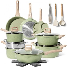 Комплект тенджери и тигани Just Perfecto JL-723, 21 ч, Отливка, Мраморно покритие, Индукция, Съд за готвене на пара, Аксесоари, Зелен