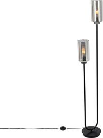 Подова лампа в стил Арт Деко черна с опушено стъкло 2-светлина - Laura