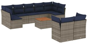 3256145 vidaXL Градински диван с възглавници, 10 части, полиратан, сив