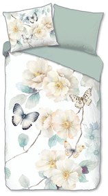 Бяло-зелено единично удължено спално бельо от памучен сатен 140x220 cm Adiwanya – Descanso