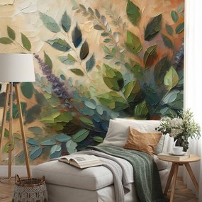 Тапет – Художествени зелени листа на бежов фон