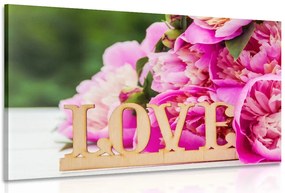 Картина на платно – Божури с надпис Love