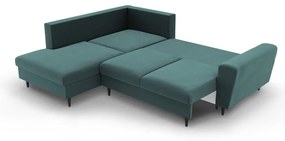 Кадифен разтегателен ъглов диван с място за съхранение в петролен цвят (ляв ъгъл/L форма) Kyoto – Cosmopolitan Design