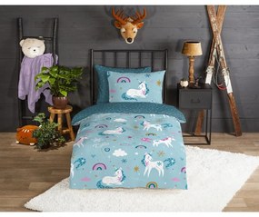 Синьо единично удължено фланелено детско спално бельо 140x220 cm Snowycorn – Good Morning