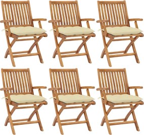 3072767 vidaXL Сгъваеми градински столове с възглавници, 6 бр, тик масив