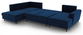 Син кадифен разтегателен ъглов диван с място за съхранение (ляв ъгъл/U форма) Kyoto – Cosmopolitan Design