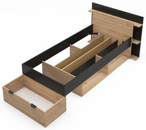 Черно-естествено единично легло 90x200 cm от декор от дъб с място за съхранение без ламелно дъно Albo – Marckeric