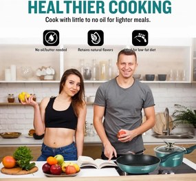 Втора ръка: Комплект съдове за готвене Herzberg HG-METBL15, 15 части, Мраморно покритие, Стъклени капаци, Индукция, Ментово зелен