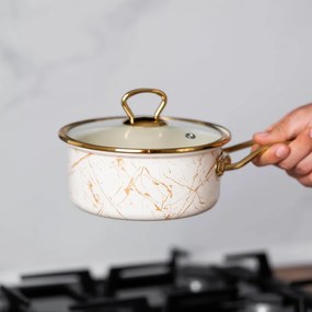 Касерола със стъклен капак Goldmann GM 4521-18B, 18x9 см, 2л, Емайл, Индукция, Бял/Старо Злато