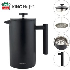 Френска преса за кафе/чай Kinghoff KH 1996, 1 л, Неръждаема стомана, Двойни стени, Черен