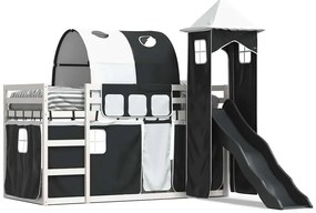 3284164 vidaXL Двуетажно легло с пързалка и завеси, бяло и черно, 90x200 см
