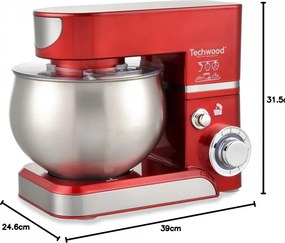 Планетарен миксер Techwood TRO-1065, 1000W, 5 литра, 6 скорости, Пулс, Защита от претоварване, Червен/Инокс