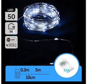 Aigostar LED коледен гирлянд 50 LED, 5,3 м, студена бяла светлина, 3xAA