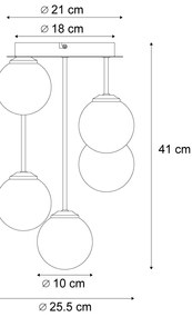 Модерен таванен полилей черен с кехлибар и опушено стъкло 5-светлинен - Атина